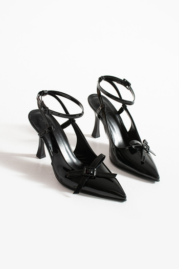 DUXAL SHOES Luna Black Patent Leather Bow Detailed Night Sparkle Ankle Strap Thin Heeled Shoes-Stiletto