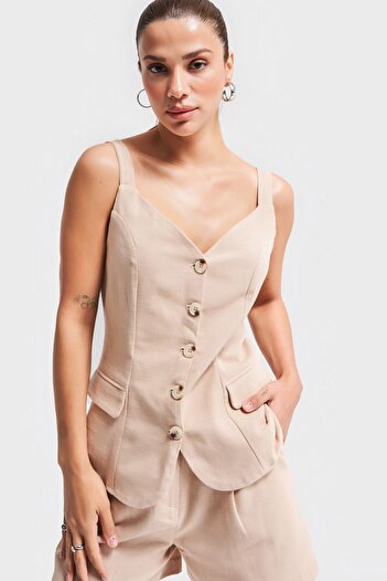 its basic Women's Beige Color S5-57 Maxi Size Strap Front Buttoned Linen Fabric Vest