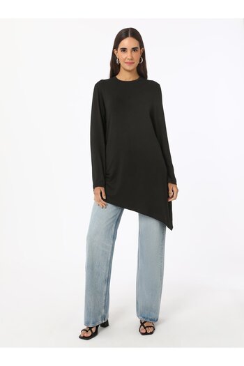 Refka Viscose Long Sleeve Asymmetrical Cut Tunic - Black - Refka