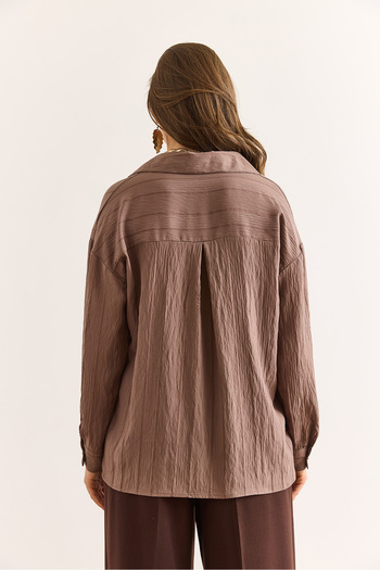 Olalook Women's Mink V-Neck Textured Back Pleated Relaxed Fit Shirt Gml-19001354