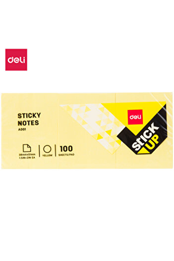 Deli EA00153 STICK UP Sticky Notes, 38×51mm, Yellow, 3×100 Sheets – Strong & Repositionable