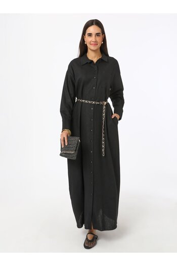 Refka Full Button Linen Hijab Dress - Black - Refka