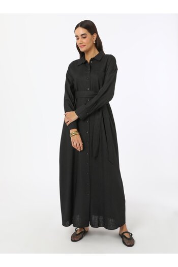 Refka Full Button Linen Hijab Dress - Black - Refka