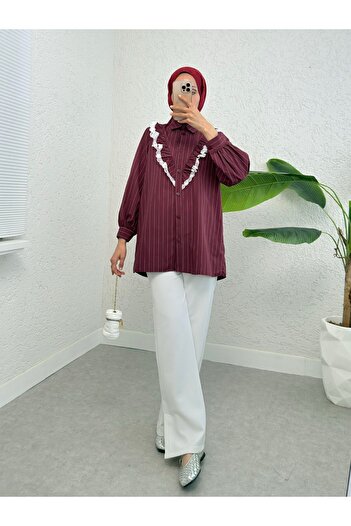 Modamorfo Buttoned Front Lace Ruffled Striped Shirt - Burgundy
