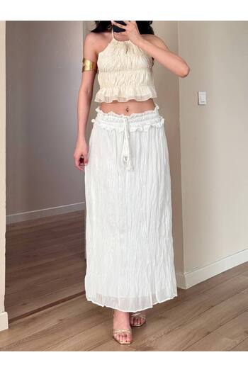 LOCH BUTİK Women's Crashed Waist Giped Detail Fringe Lined White Skirt
