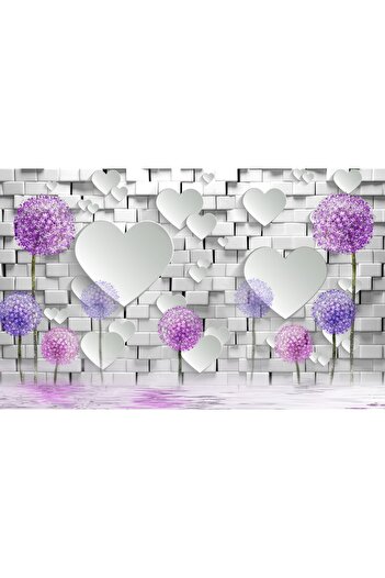 media Photo wallpaper Purple dandelions, white brick wall, hearts, 400 x 250 cm