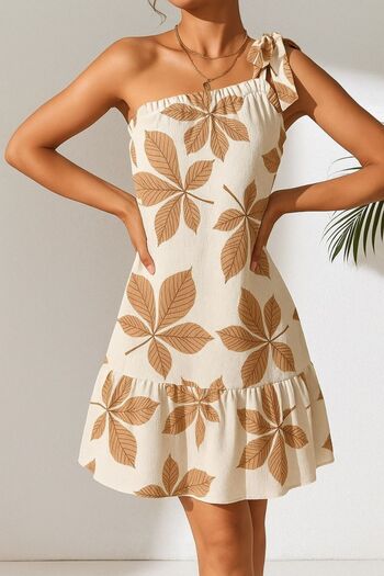 Know Women's Camel-White Floral Patterned One Shoulder Tie Ruffle Crinkle Dress
