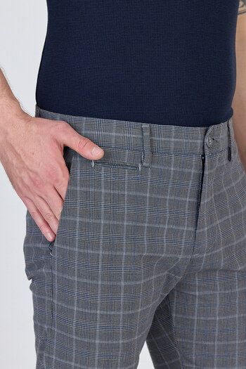 Frappoli Ecmio Men's Navy Plaid Linen Look Slim Spring-Summer Slim Fit Pantalon