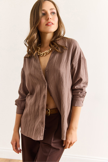 Olalook Women's Mink V-Neck Textured Back Pleated Relaxed Fit Shirt Gml-19001354