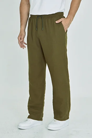 masso moda Men's Baggy Muslin Linen Waist Lace-Up Elastic Straight Leg Trousers