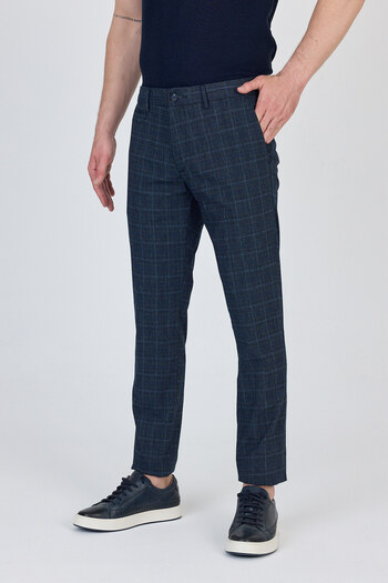 Frappoli Ecmio Men's Dark Navy Plaid Linen Look Slim Spring-Summer Slim Fit Pantalon