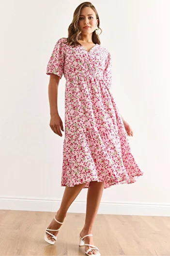 Olalook Women's Pink Elastic Waist Double Breasted Collar Woven Viscose Dress Elb-19002440
