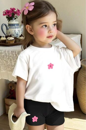 NO 601 Girl's White Floral Printed Tshirt Shorts Bottom-Top Set