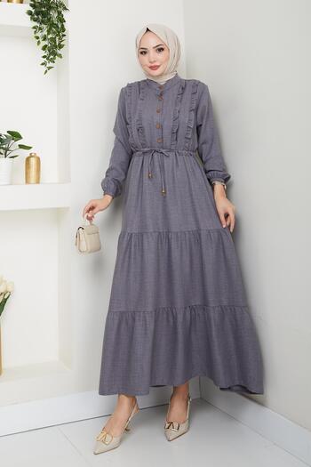 HARMAN BUTİK Women's Ruffle Detailed Buttoned Gray Linen Dress