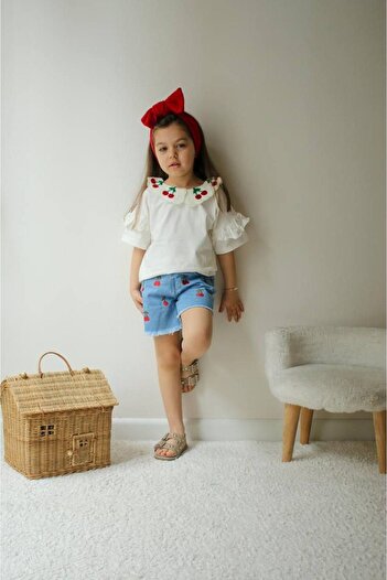 JELİBOOM Girl's Cherry Embroidered Denim Shorts Set