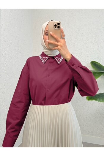 Modamorfo Buttoned Casual Shirt with Stone Detail on the Collar - Burgundy