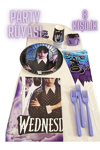 partyrüyası Wednesday Addams Themed Birthday Set for 8 People with Streamers