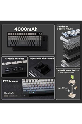 Aula F75 MAX Tri-Mode Wireless Gaming Keyboard, TFT Screen, Knob, Hot Swappable, 2.4GHz/Type-C/BT5.0
