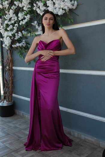 Feminist Straplez Drape Detaylı Yırtmaçlı Saten Kumaş Abiye Elbise Violet 1607209