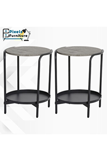 PixelsFurniture Set of 2 round side tables, two-tiered pixel furniture coffee table with a wooden top, a metal lower shelf and metal ends