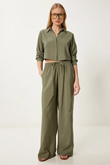 Happiness İstanbul Women's Khaki Summer Woven Shirt Pants Suit Ci00119