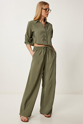 Happiness İstanbul Women's Khaki Summer Woven Shirt Pants Suit Ci00119