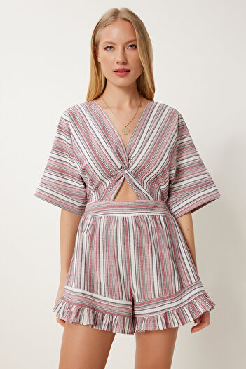 Happiness İstanbul Damen-Jumpsuit „Bone Burgundy“ aus gestreiftem Leinen mit Shorts LI00119