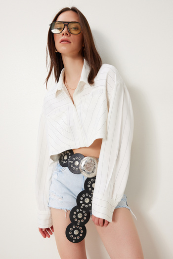 Happiness İstanbul Women's Ecru Striped Viscose Crop Shirt Ns00421