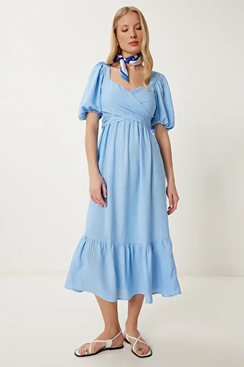 Happiness İstanbul Rochie de vară din in pentru femei, albastru deschis, cu detaliu de șireturi FK00021