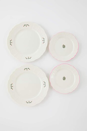 TRENDYOLMİLLA HOME 2-Piece Porcelain Flower Printed Cake Plate 20 cm & 2-Piece Porcelain Serving Plate 26 cm Tphss25Tbk00023