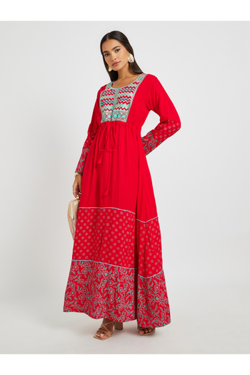 Maxim Creation By Styli Block Print Round Neck Jalabiya with Embroidered Yoke