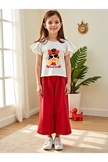 Take Two By Styli Kids 2pcs Kids T-Shirt and Red Wide Leg Pants Set
