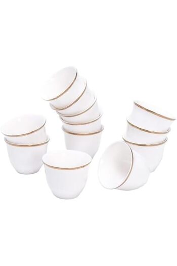 cc bin shihon 12pcs Arabic Coffee Cups Set Premium White Porcelain with Gold and Silver Rim 6.5cm Height