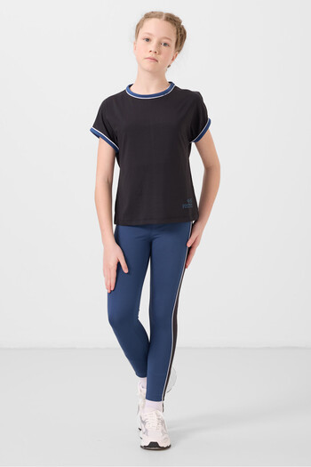 TOMMY LIFE Black-Parliament O Neck Side Stripe Detailed Standard Fit Performance Girl's Tights Suit - 75191