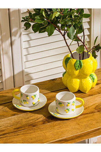LC Waikiki Lcw Home Yellow Lemon Printed 2-Person Ceramic Coffee Cup Set 100 ml
