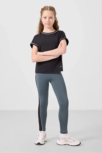 TOMMY LIFE Black-Forest Green O Neck Side Stripe Detailed Standard Fit Performance Girl's Tights Suit - 75191