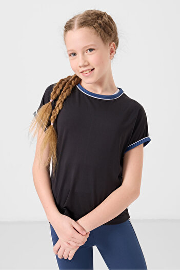 TOMMY LIFE Siyah-Parlament O Yaka Yan Şerit Detaylı Standart Fit Performans Kız Çocuk Tayt Takım - 75191