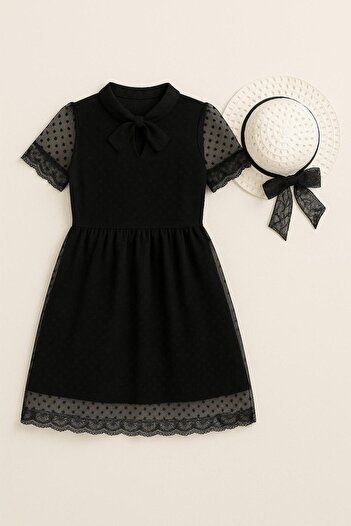 Perendi Hat and Stewardess Collar Detailed Girl's Dress Black
