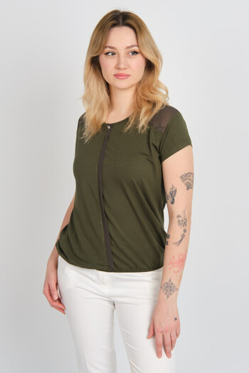 Sistas Women's Back and Shoulder Tulle Detailed Elastic Waist Crew Neck Blouse 23064 Khaki