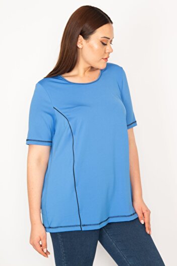 Şans Kadın Büyük Beden Mavi Yaka Biyeli Spor Bluz 65n32945