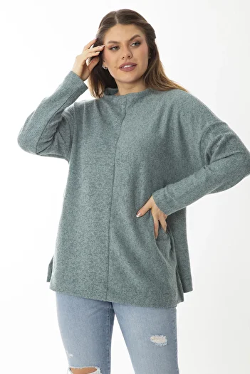 Şans Women's Large Size Green Wool Viscose Fabric Crew Neck Side Slit Tunic 65N37019