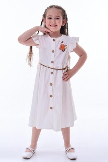 minitrends Bürümcük Fabric Accessory Girl's Dress with Wooden Buttons