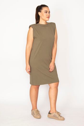 Şans Women's Large Size Khaki Cotton Fabric Sports Dress with Padded Shoulders 65n29430
