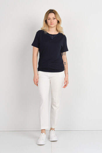 Sistas Women's Short Sleeve Blouse with Shiny Stone Decoration on the Collar 24281 Navy Blue