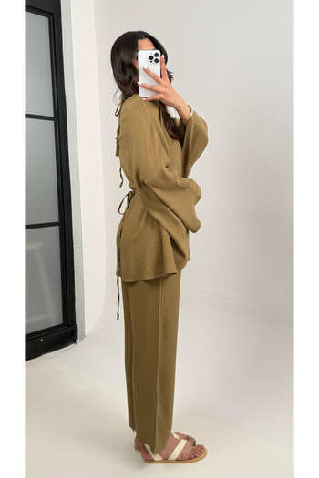 My Blog Khaki Beaded Belted Cape Suit - 8693