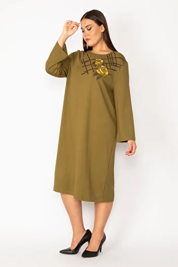 Şans Women's Large Size Khaki Embroidery and Sequin Detailed Long Sleeve Dress 65n28729