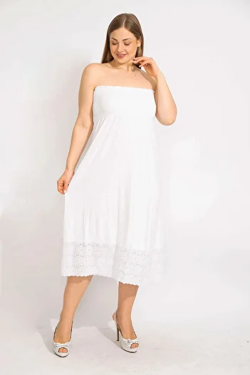 Şans Women's Bone Chest Wide Gimp Elastic Hem Lace Detailed Strapless Dress 65n35680