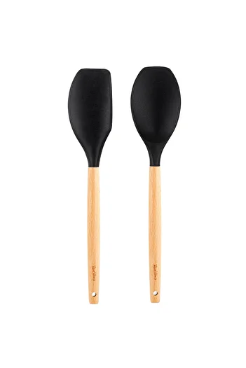 Tantitoni 006-01-Bamboo Handle Smoked Color Silicone Large Spoon and Spatula Set