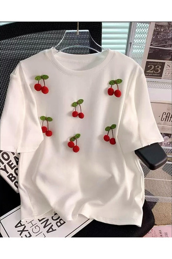 NATUFIAN STORE Women's Basic Crew Neck T-Shirt with Cherry Charm