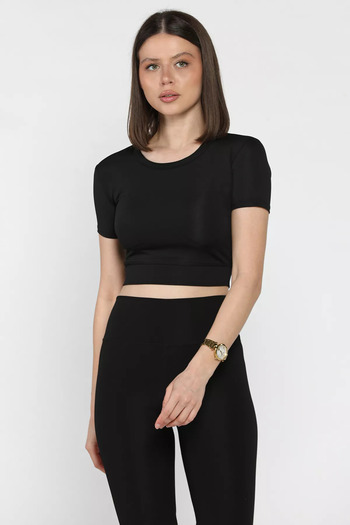 GÜLSELİ Black Women's Crew Neck Lycra Crop Top Blouse